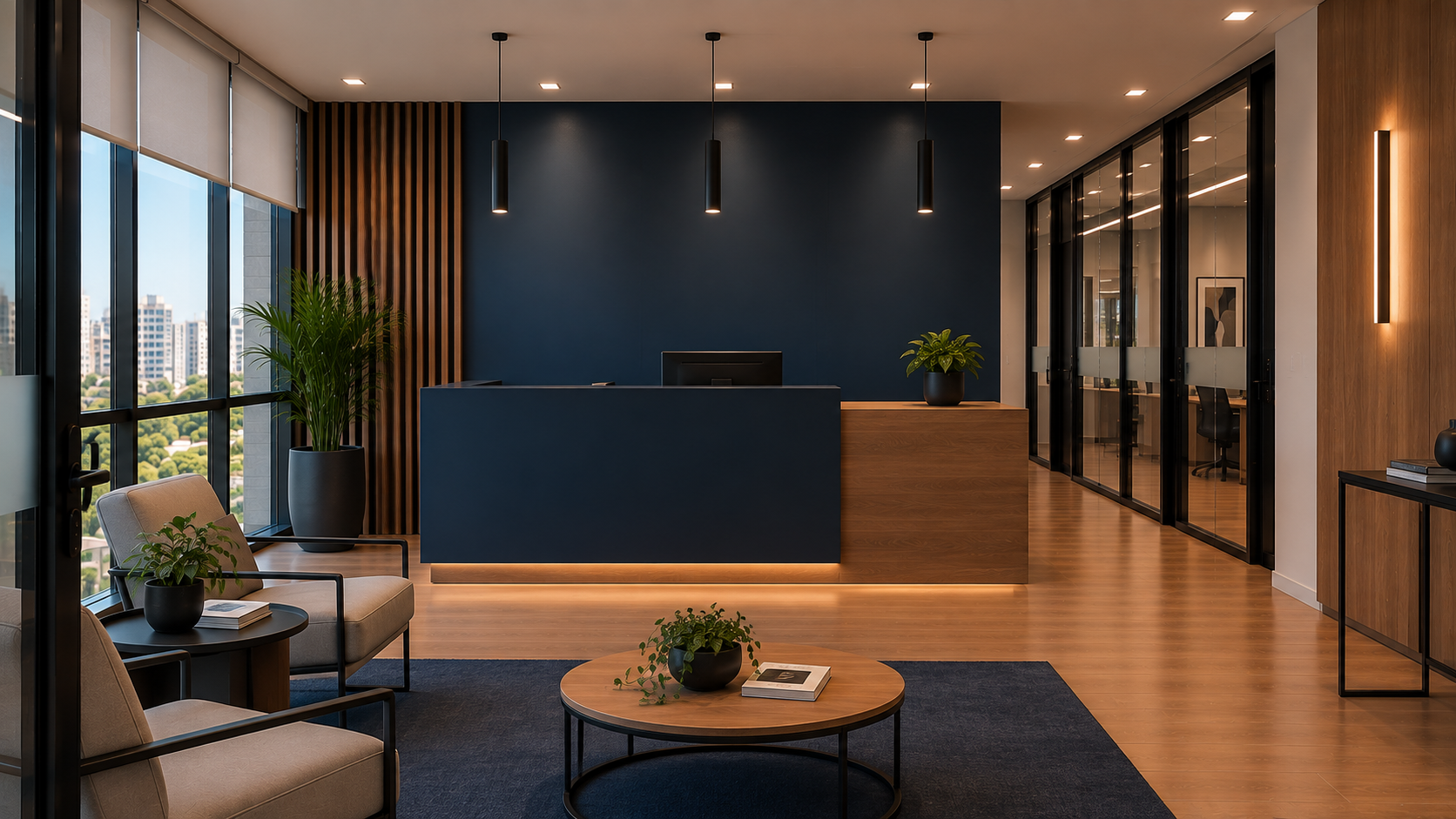 Ambiente corporativo de recepção e reuniões